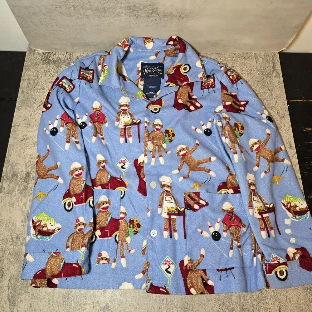 Nick & Nora Heavy Sock Monkey Couple Bowling Pajamas Set PJs Youth Sz 8  Medium